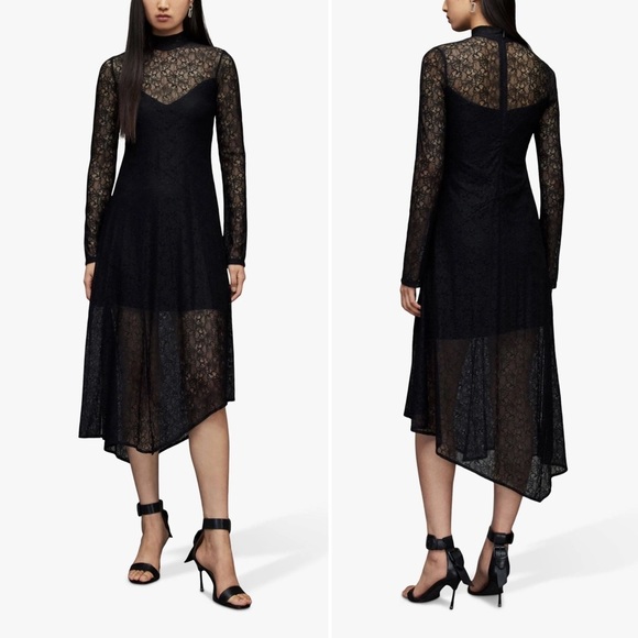 All Saints Dresses & Skirts - NWT All Saints Hanna Lace Black Asymmetrical Mock Neck Midi Dress Size US 8